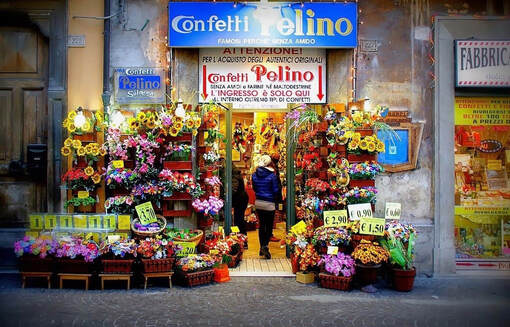 Pelino confetti storefront in the town of Sulmona in the region of Abruzzo.